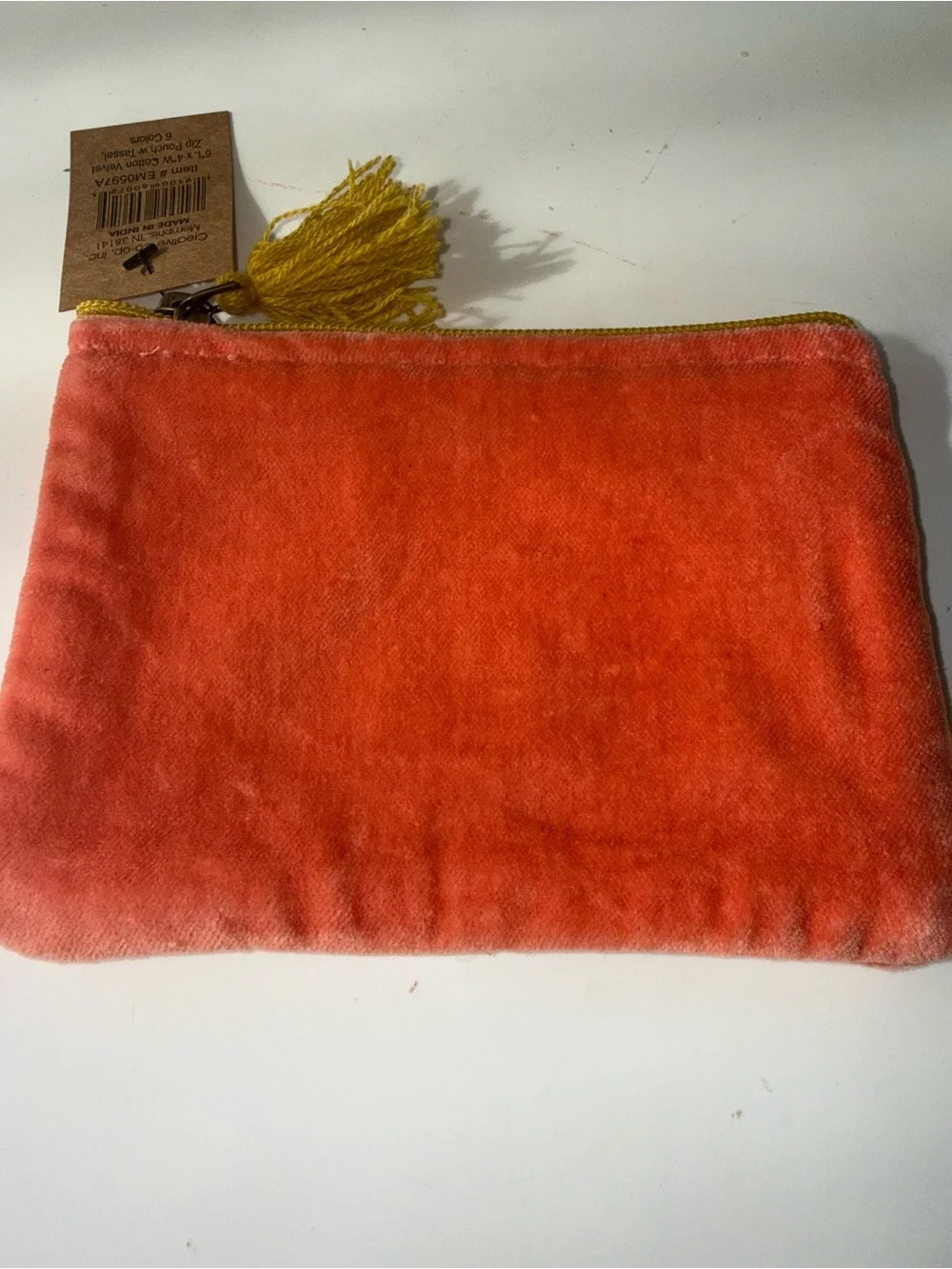 Creative Co-Op Velvet Zip Pouch with Mustard Tassel - Coral